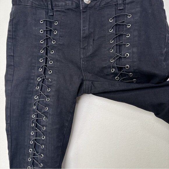 Platinum Plush Womens 7 Rhinestones Lace Up Biker Riding Jeans - Picture 7 of 14